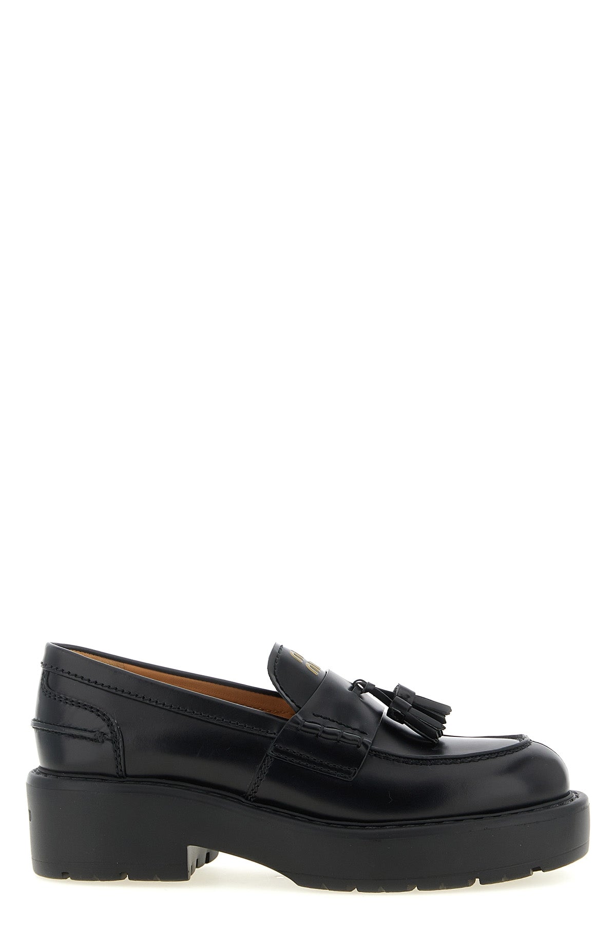 miu miu loafers in fine black calf leather reinterpret a wardrobe classic throug