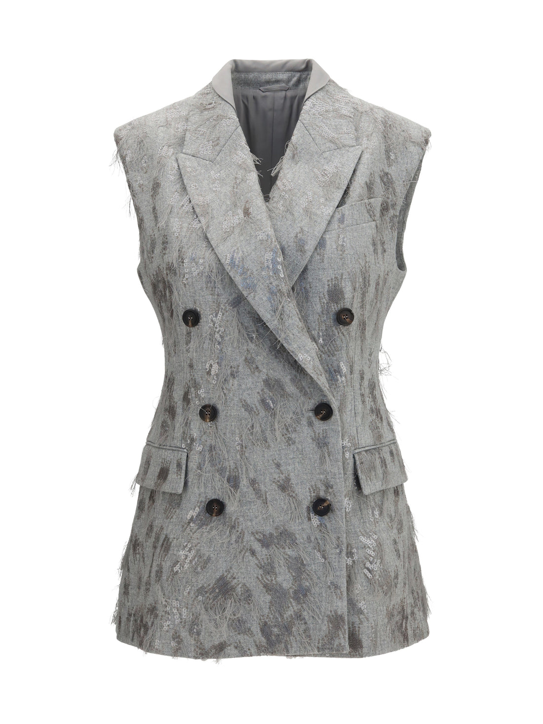 BRUNELLO CUCINELLI 40 gilet in virgin wool and cashmere twill flannel with dazzling lynx embroidery