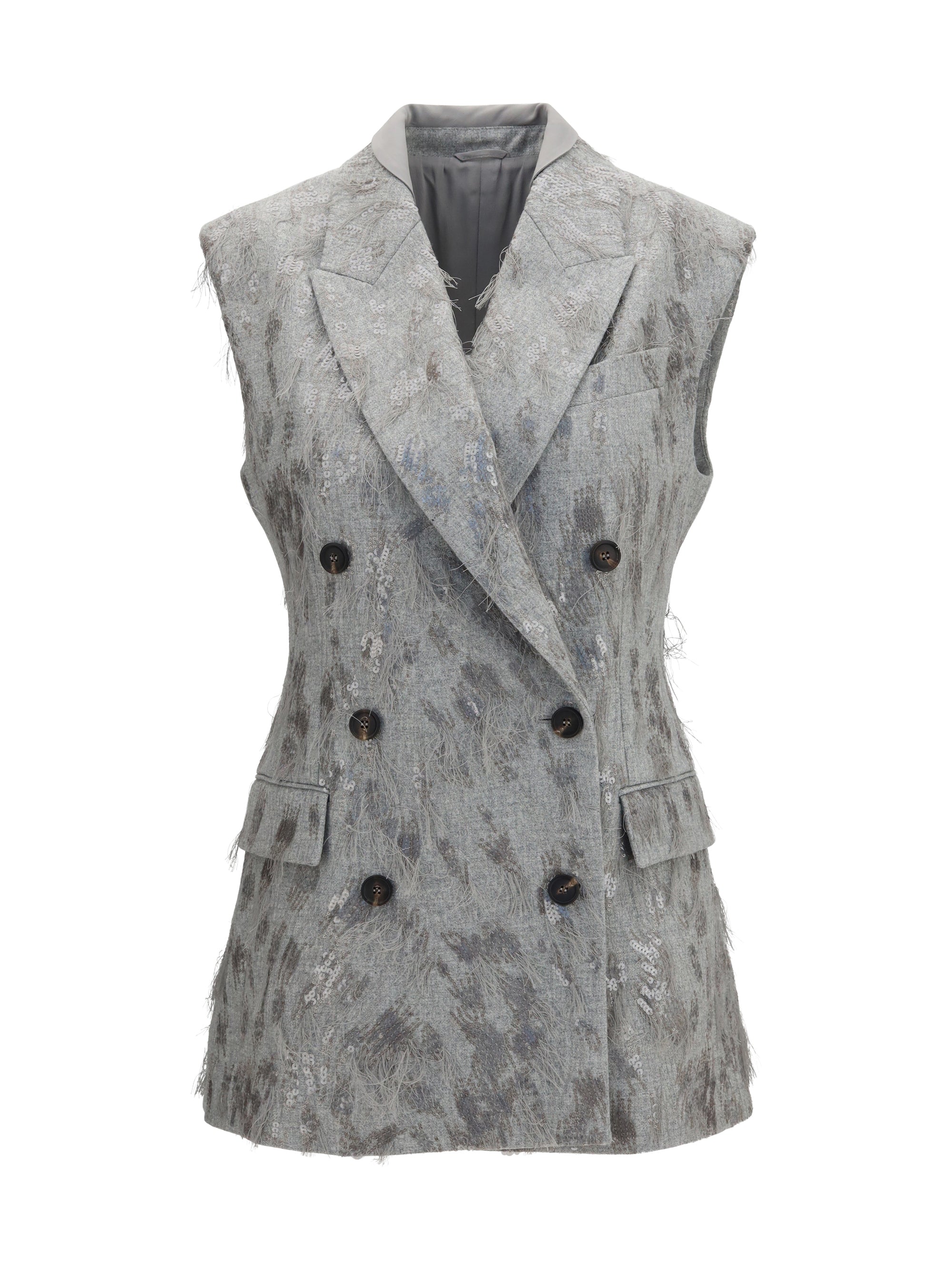 gilet in virgin wool and cashmere twill flannel with dazzling lynx embroidery