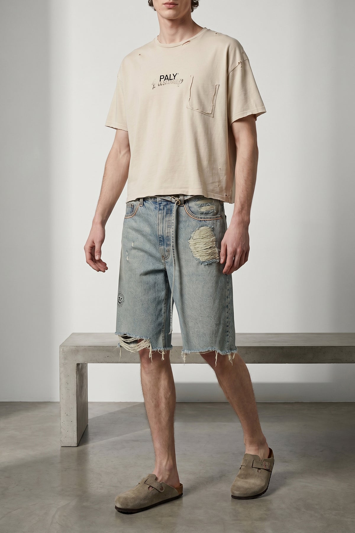 good good times used-effect stone washed cotton denim bermuda shorts