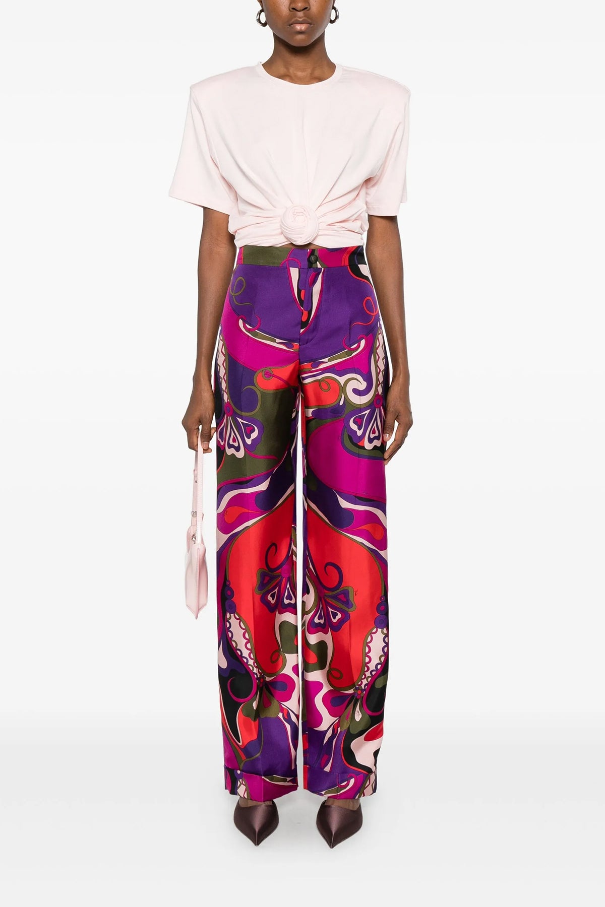 all-over patterned silk twill trousers