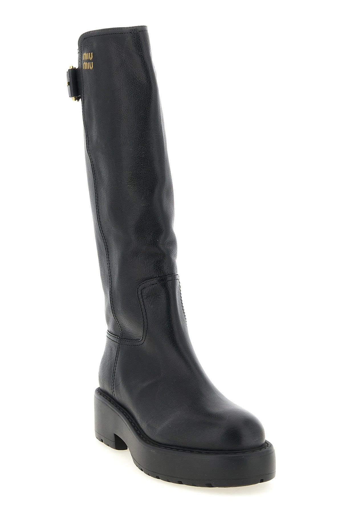 miu miu high boots in fine black buffalo leather feature a structured model clea