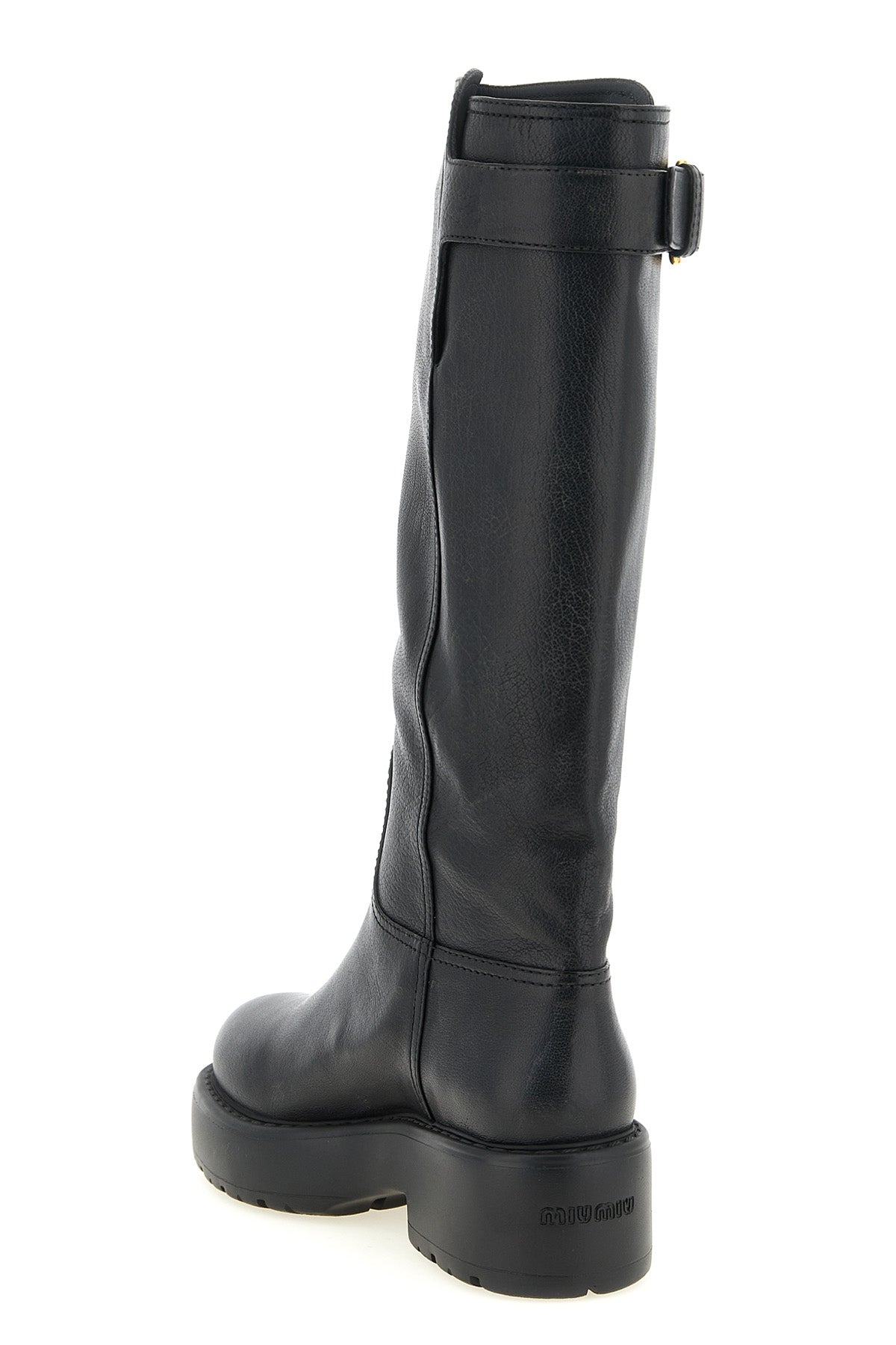 miu miu high boots in fine black buffalo leather feature a structured model clea