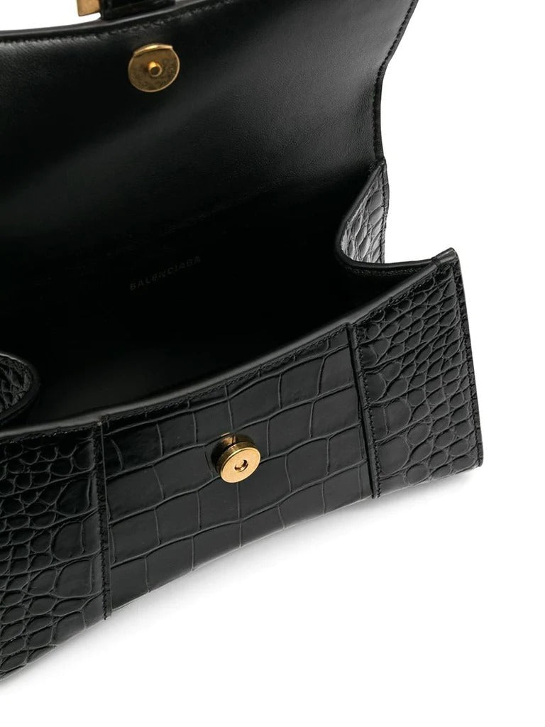 Hourglass XS Croc-Embossed Black Leather Shoulder Bag