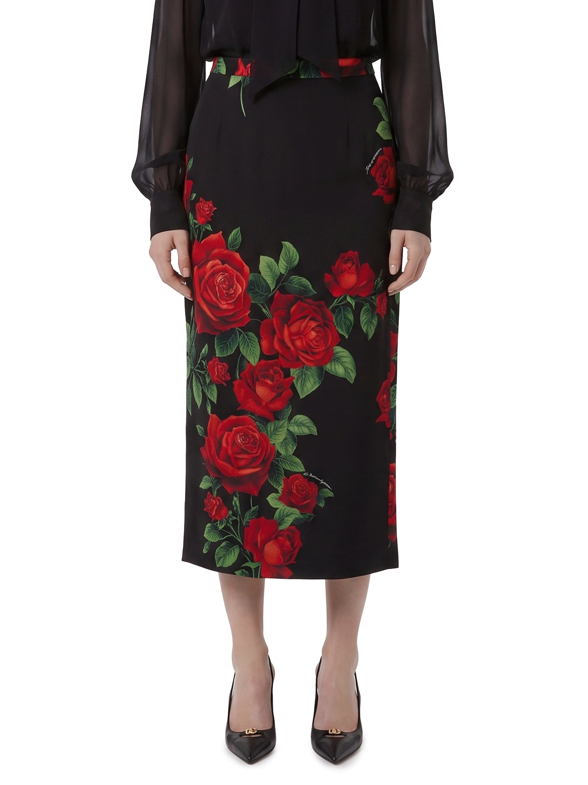red rose print midi skirt