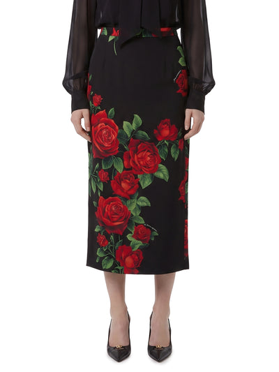 red rose print midi skirt