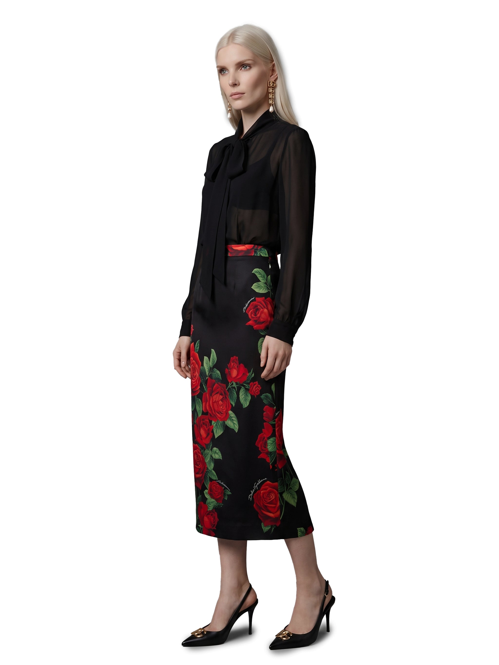 red rose print midi skirt