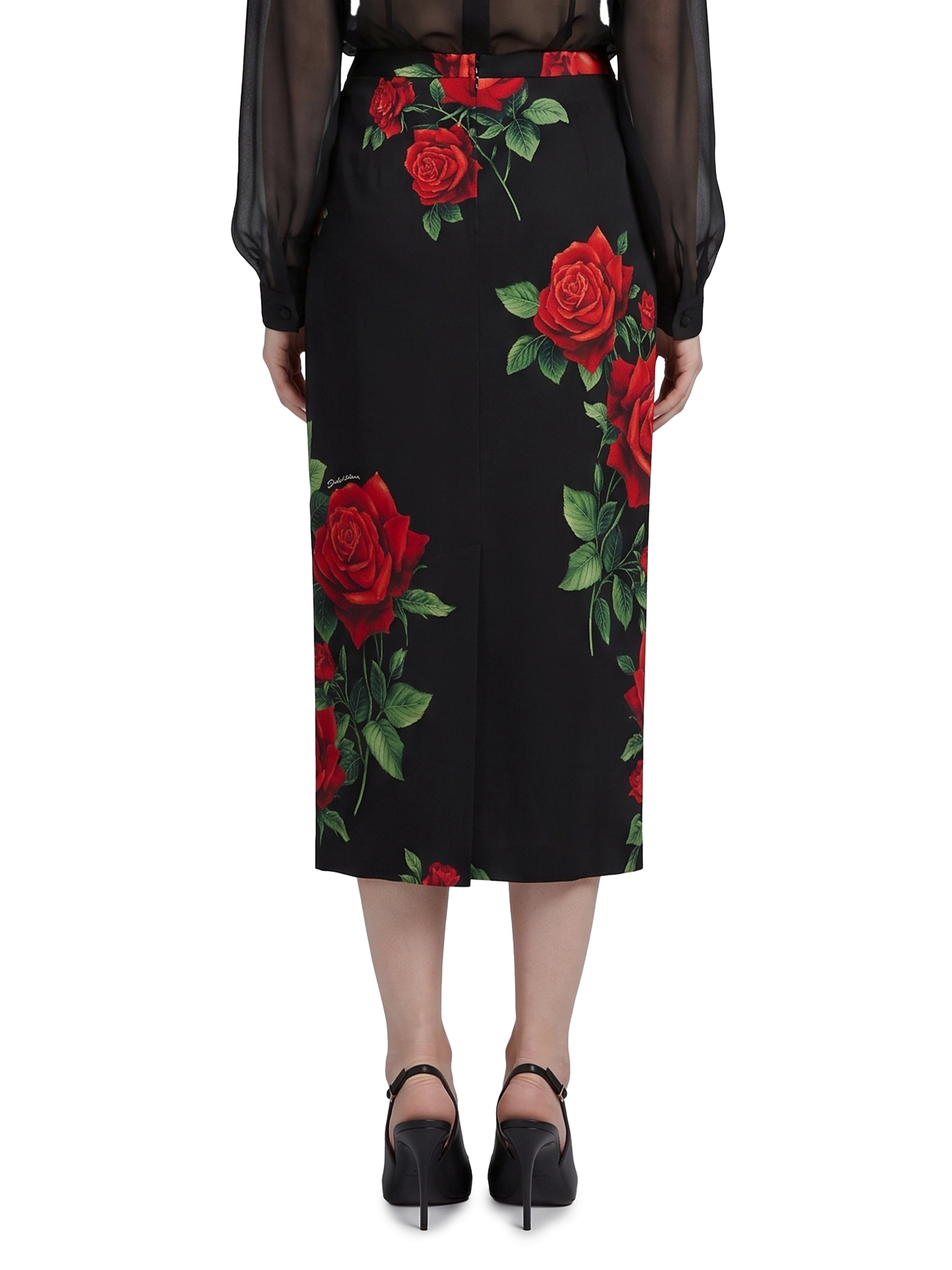 red rose print midi skirt