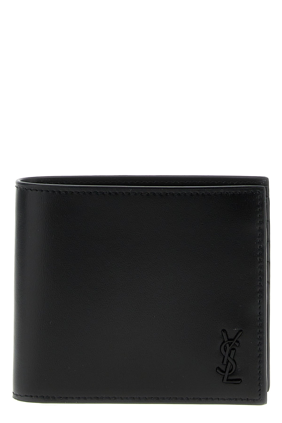 black leather cuir glace mat smooth leather on-tone ysl logo book closure