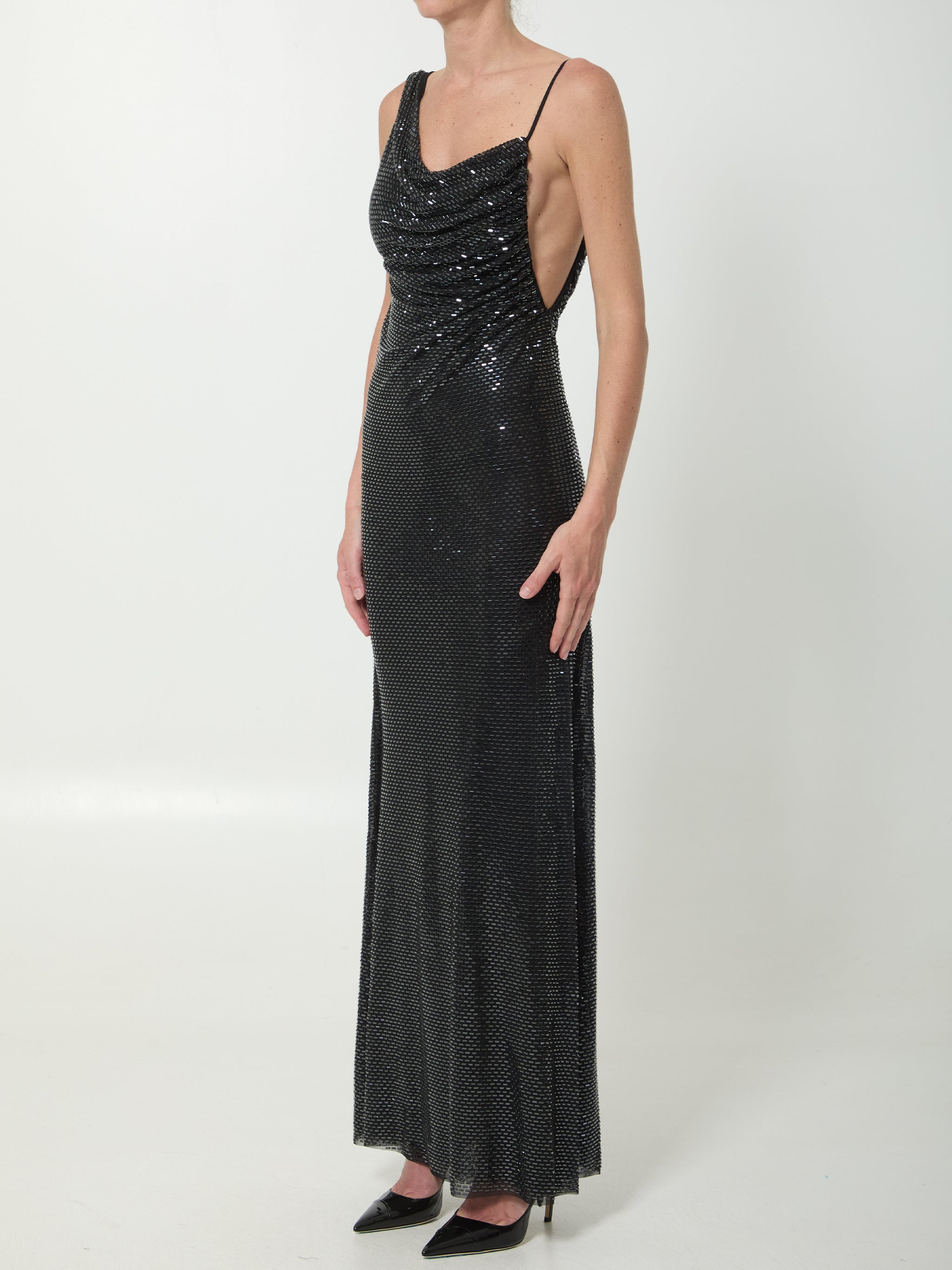 Black rhinestones draped maxi dress by SELF PORTRAIT