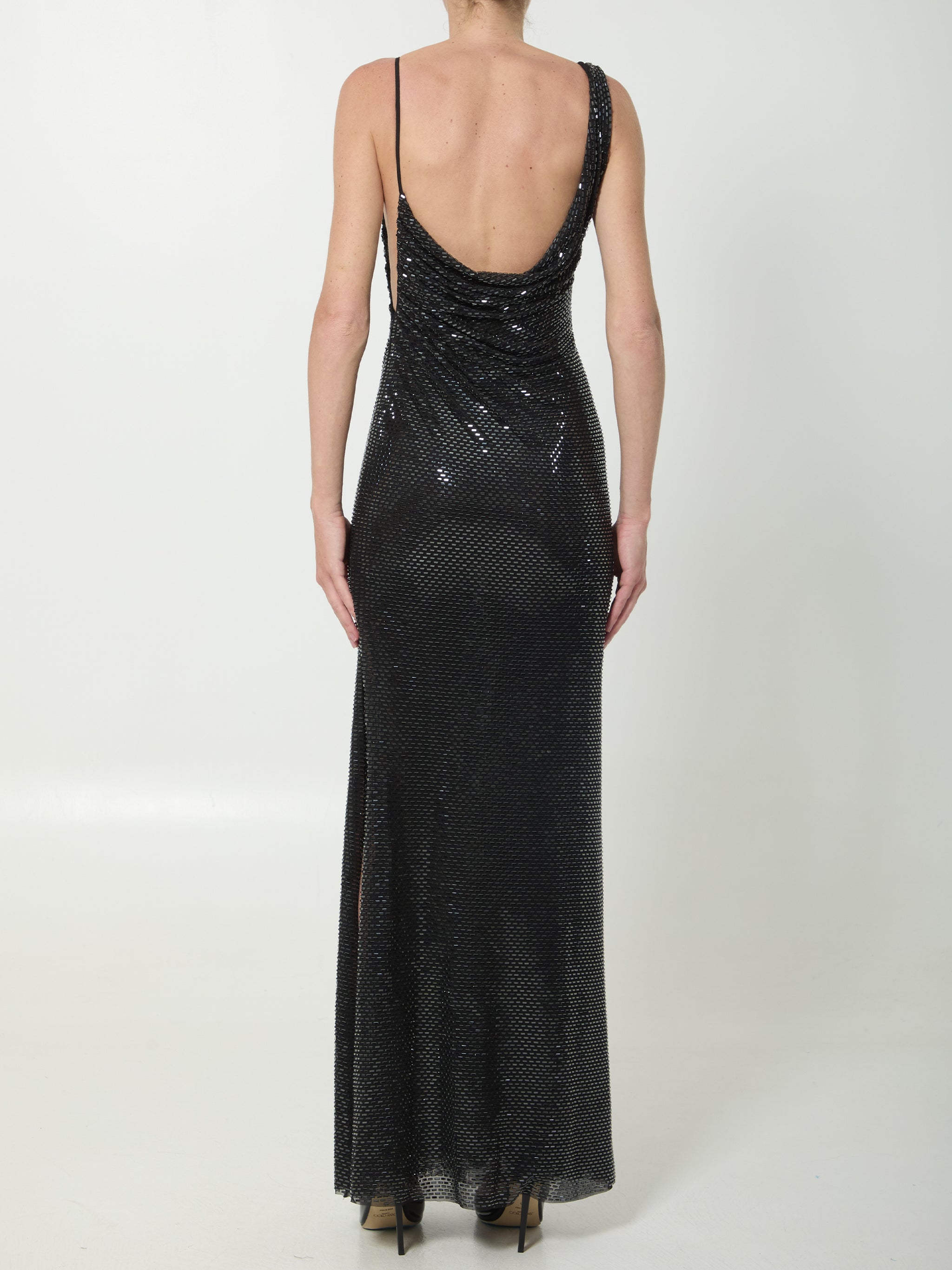 black rhinestones draped maxi dress