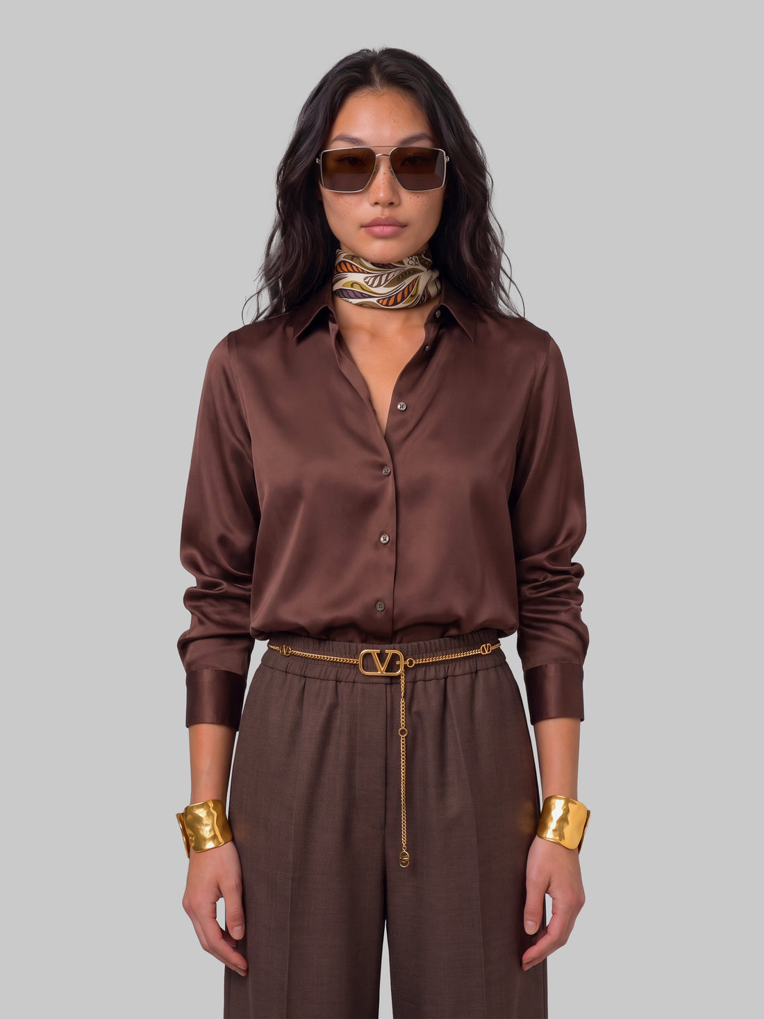 SUTTON NEW YORK 40 brown stretch silk shirt