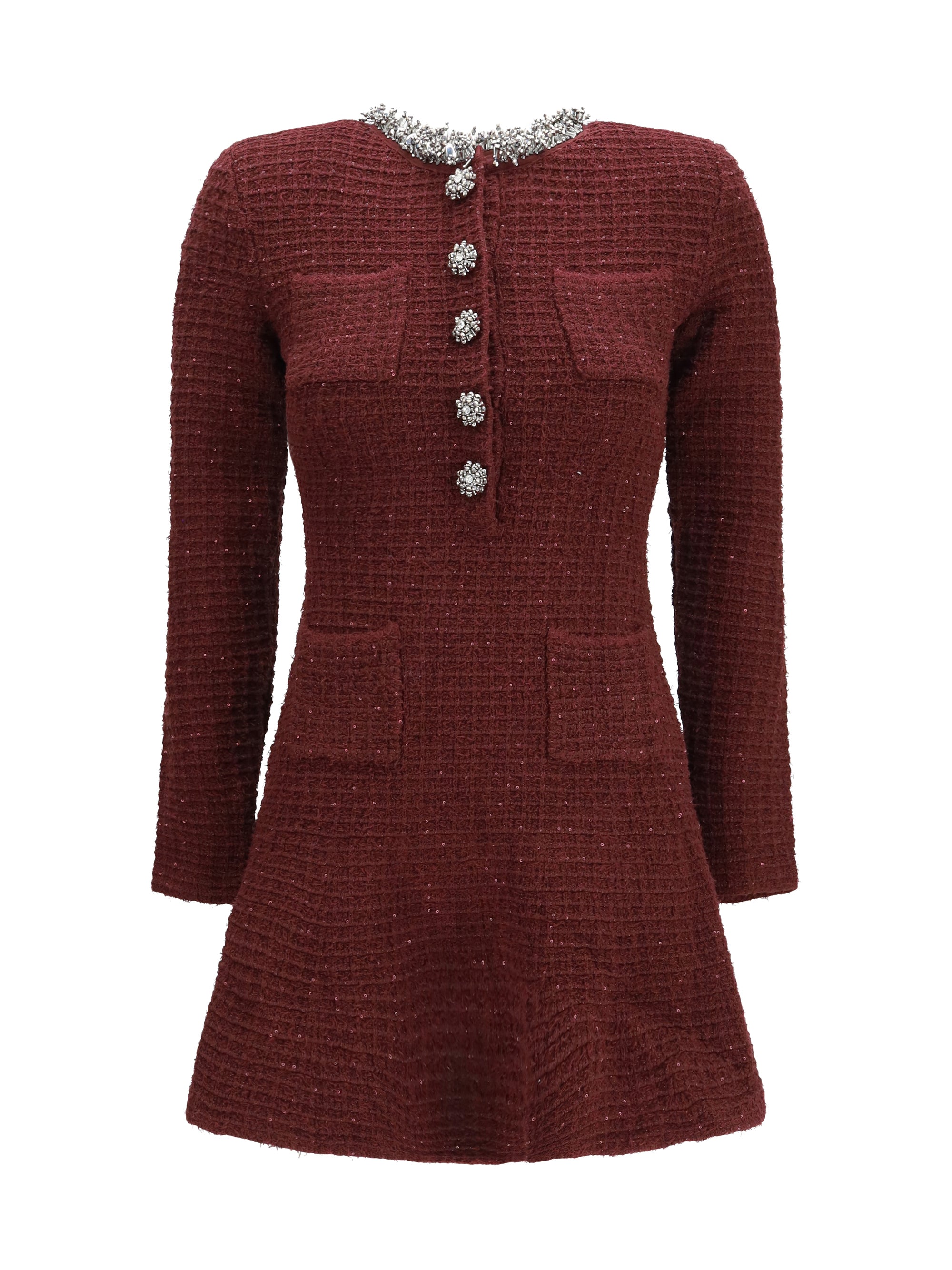 textured knit mini dress with statement buttons