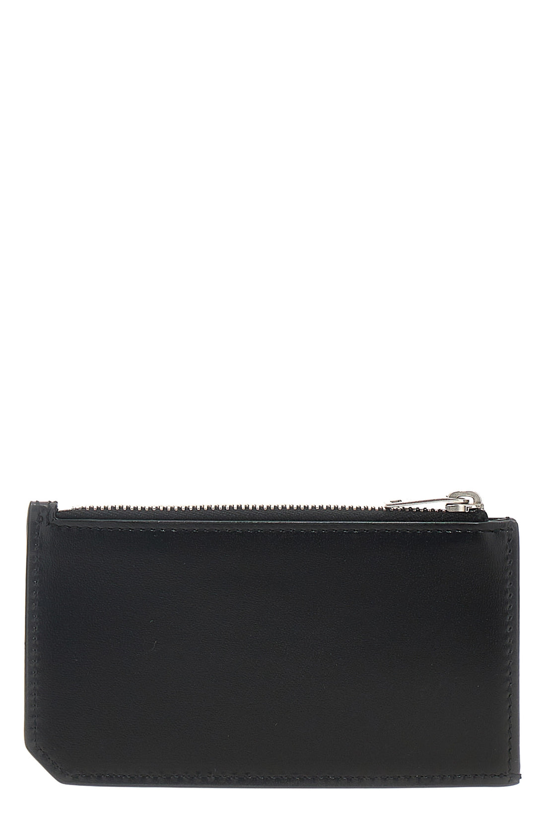 SAINT LAURENT OS black leather cuir glacè mat zip metallic silver logo