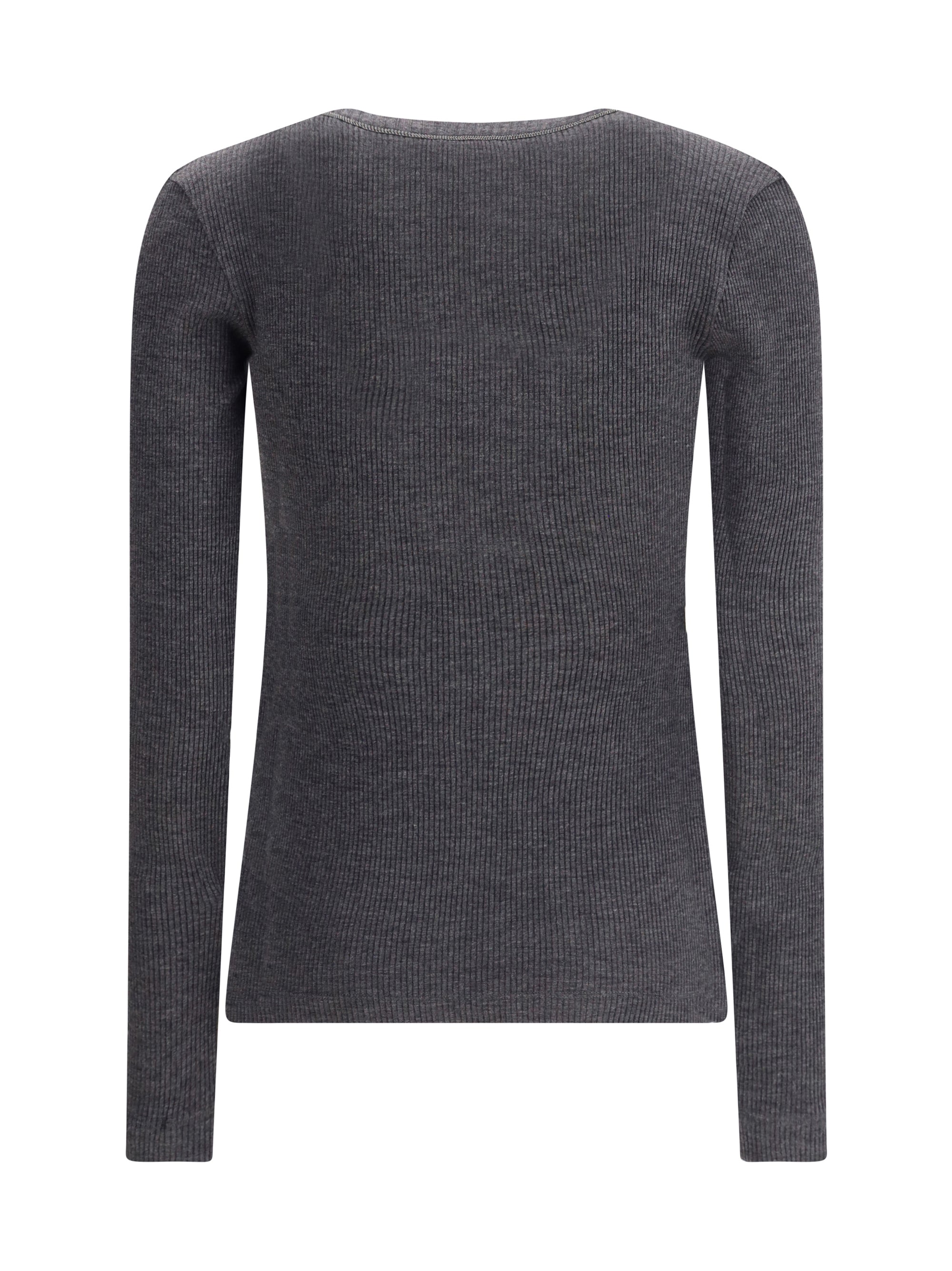 BRUNELLO CUCINELLI S long sleeve wool ribbed jersey t-shirt with shiny trim 