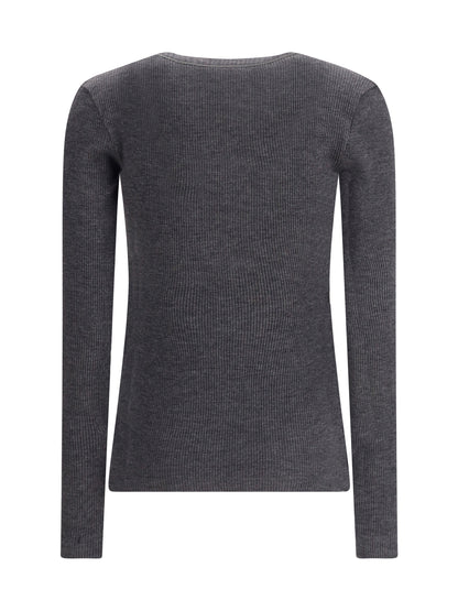 BRUNELLO CUCINELLI S long sleeve wool ribbed jersey t-shirt with shiny trim 