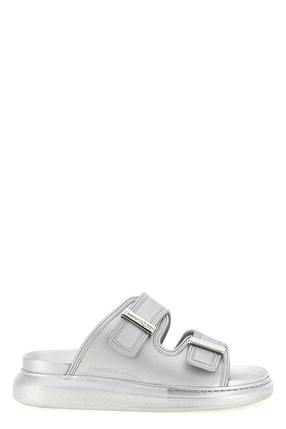 the alexander mcqueen hybrid slide sandal is defined by a sculptural pattern a