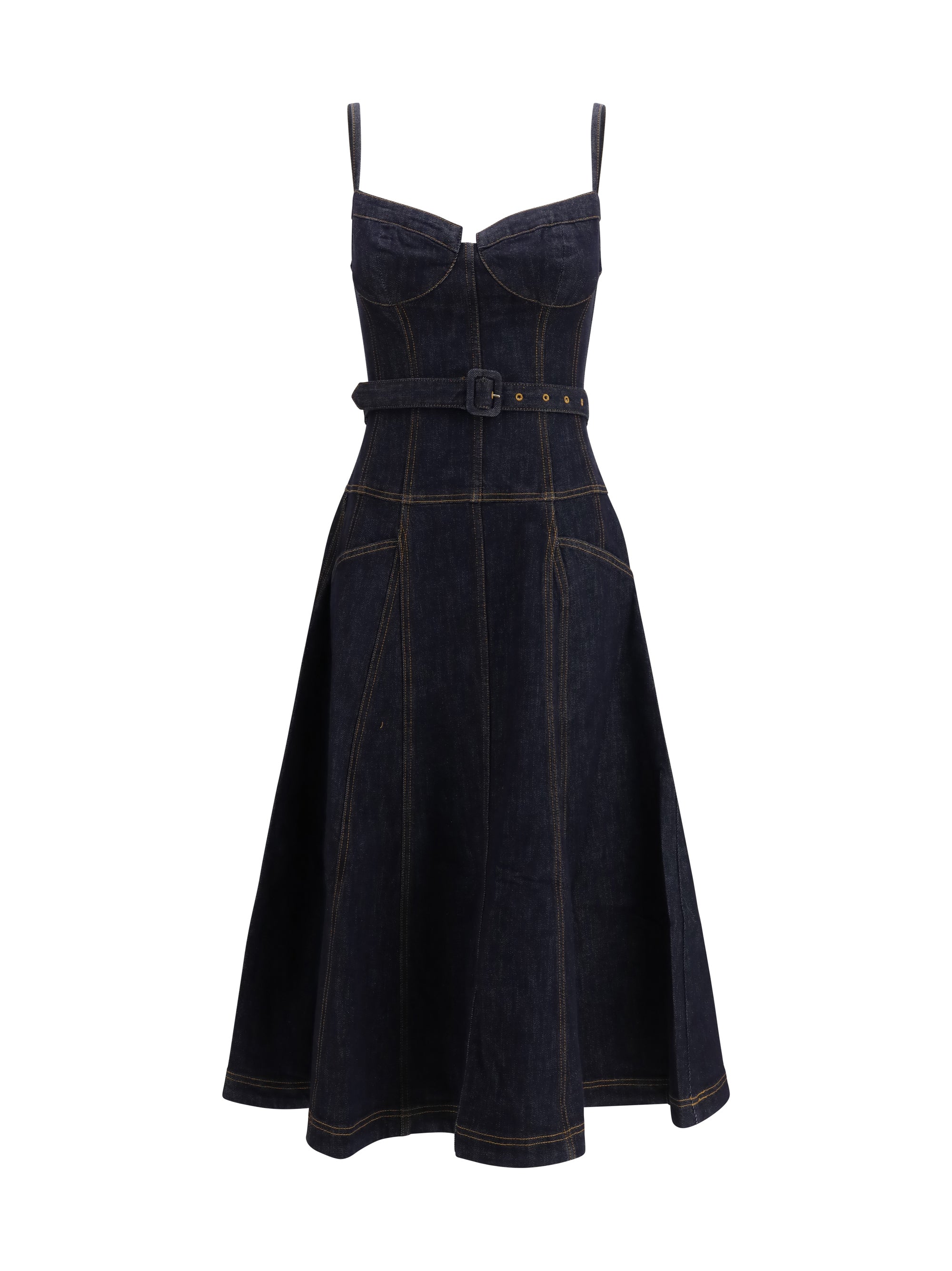 denim flared midi dress