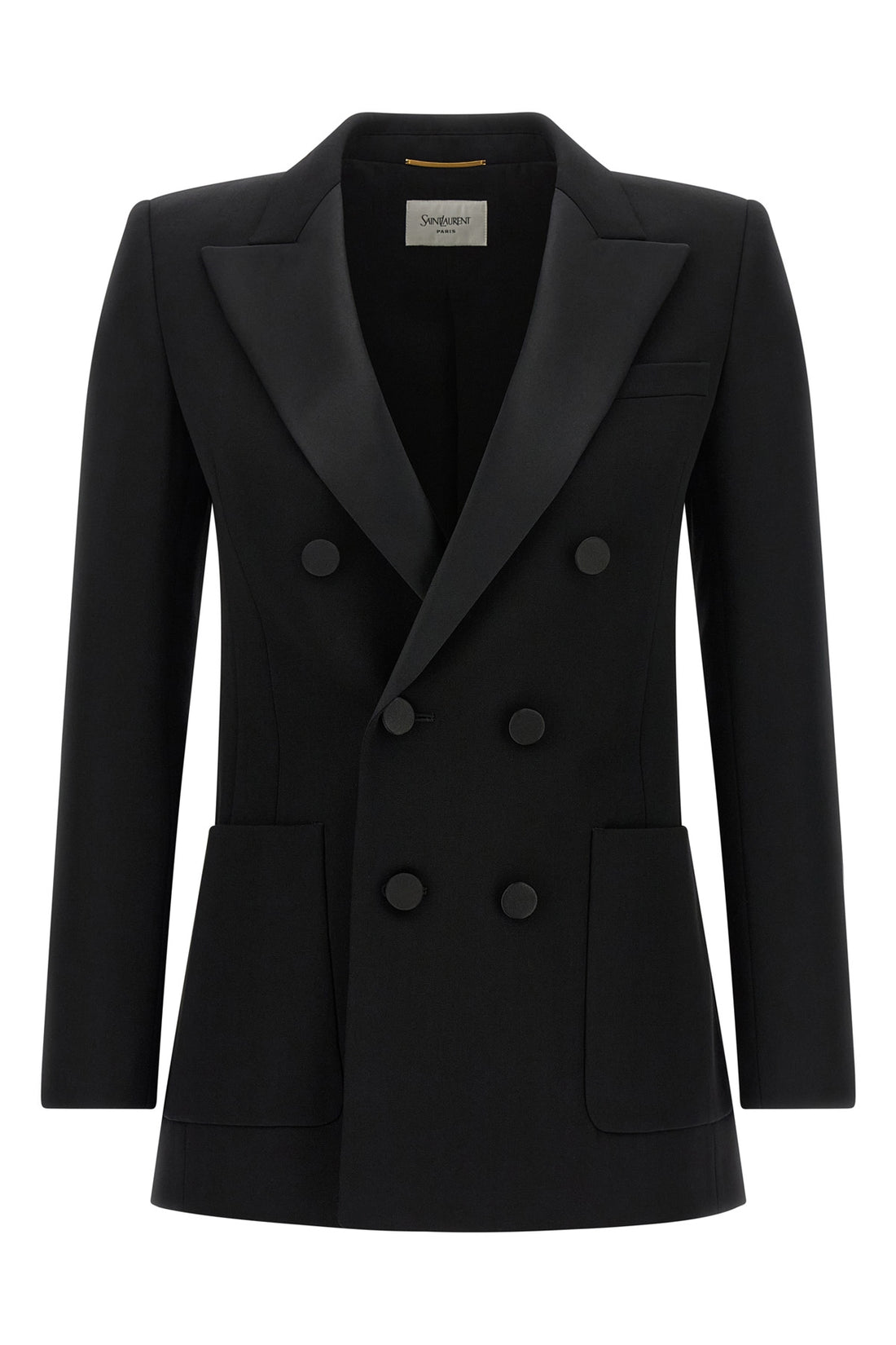 SAINT LAURENT 36 the saint laurent double-breasted blazer is made of pure grain de poudre wool an