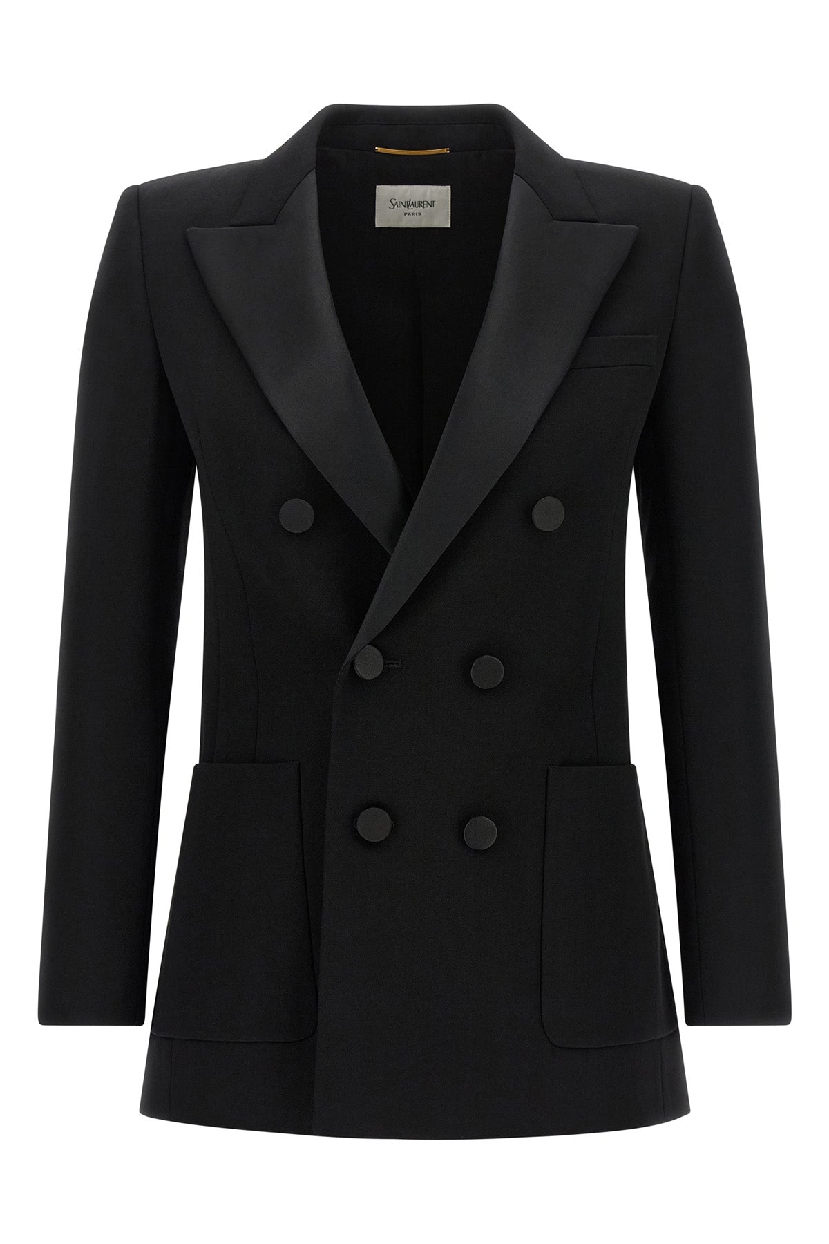 the saint laurent double-breasted blazer is made of pure grain de poudre wool an