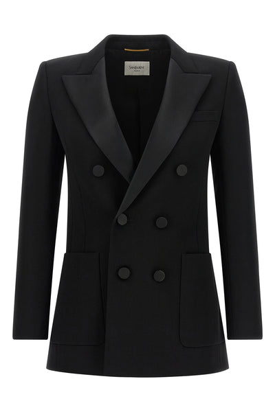 the saint laurent double-breasted blazer is made of pure grain de poudre wool an