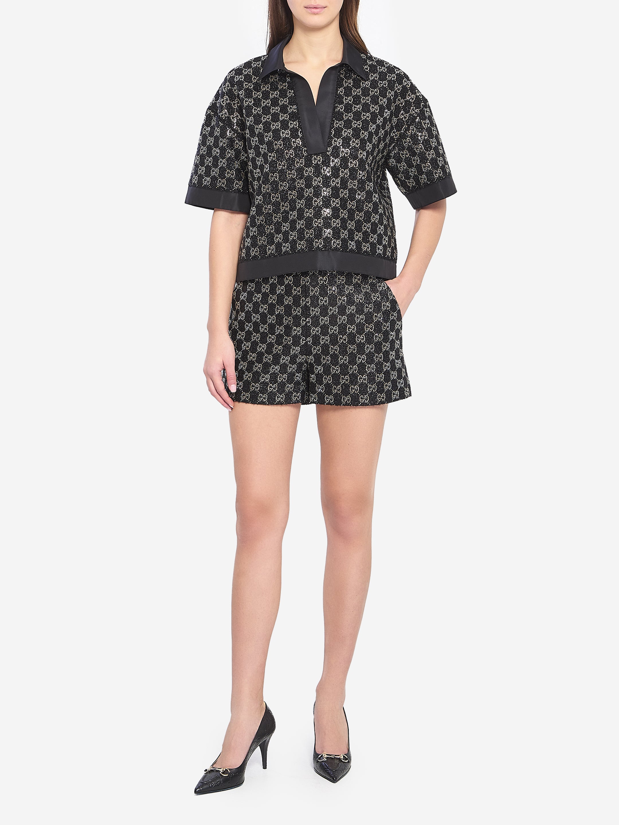 GUCCI 40 embroidered lamé wool tweed shorts