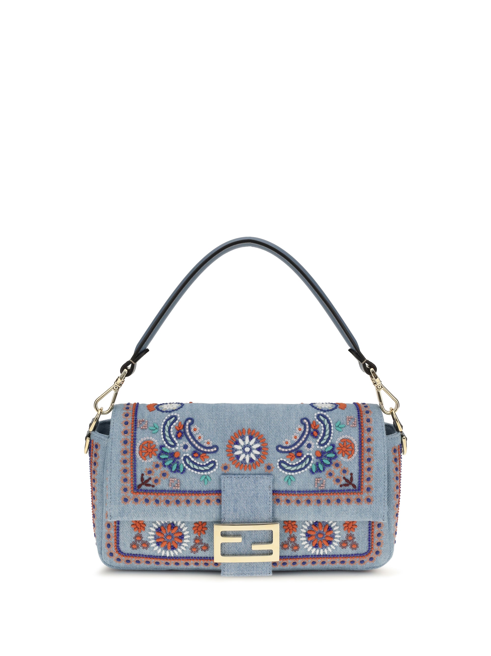 multicolor embroidered denim shoulder bag