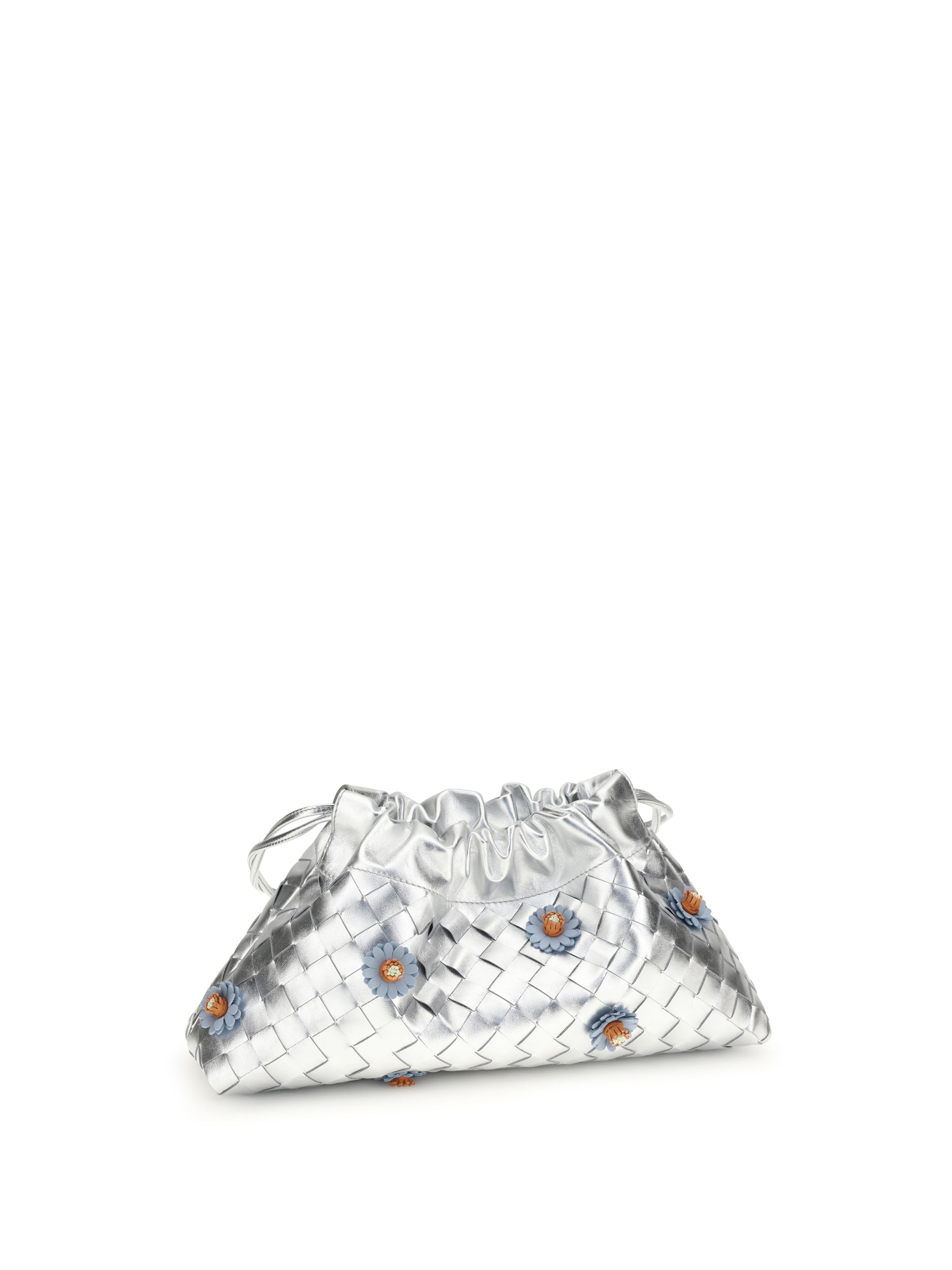 dustbag clutch bag with floral appliqués