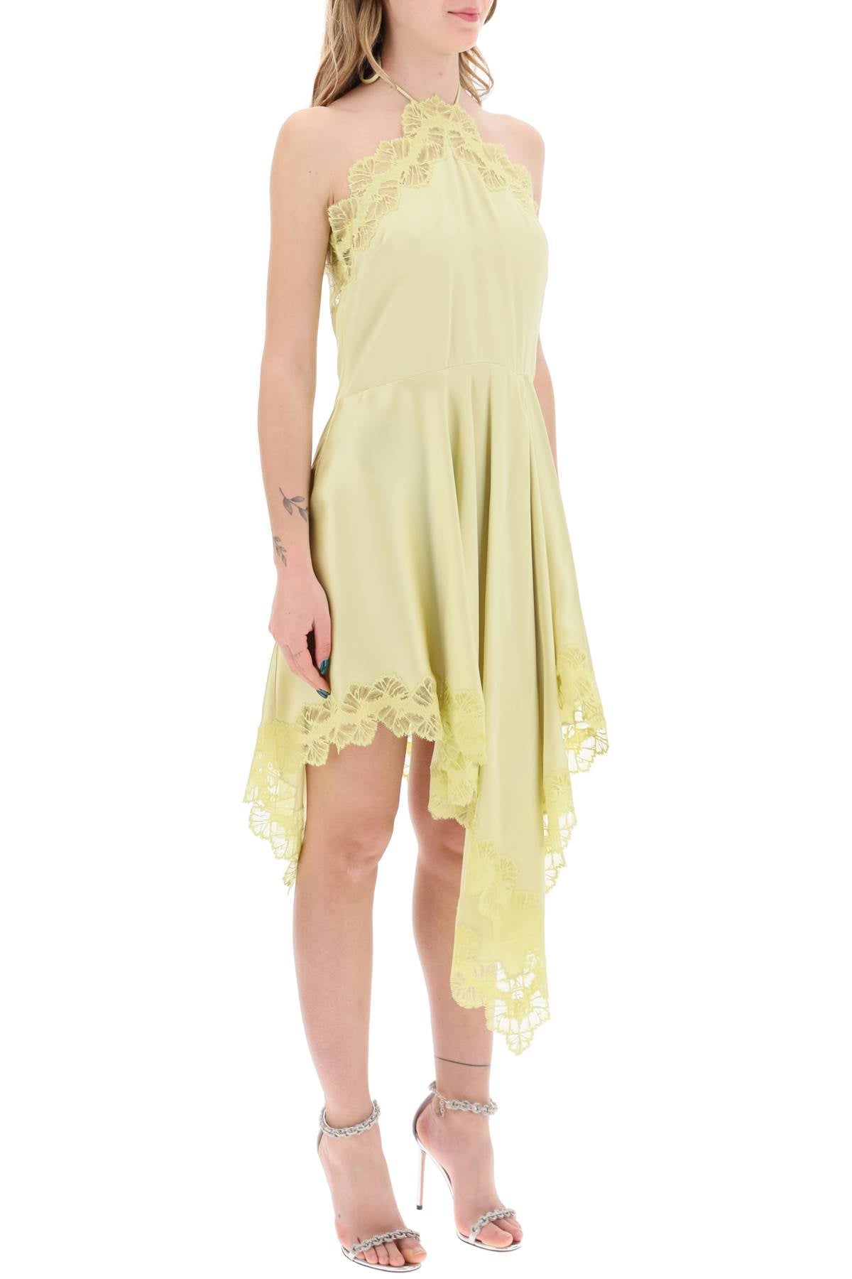 asymmetric satin dress with lace detail