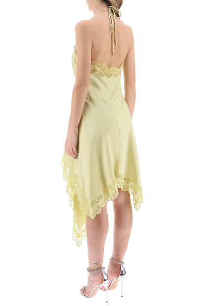 asymmetric satin dress with lace detail