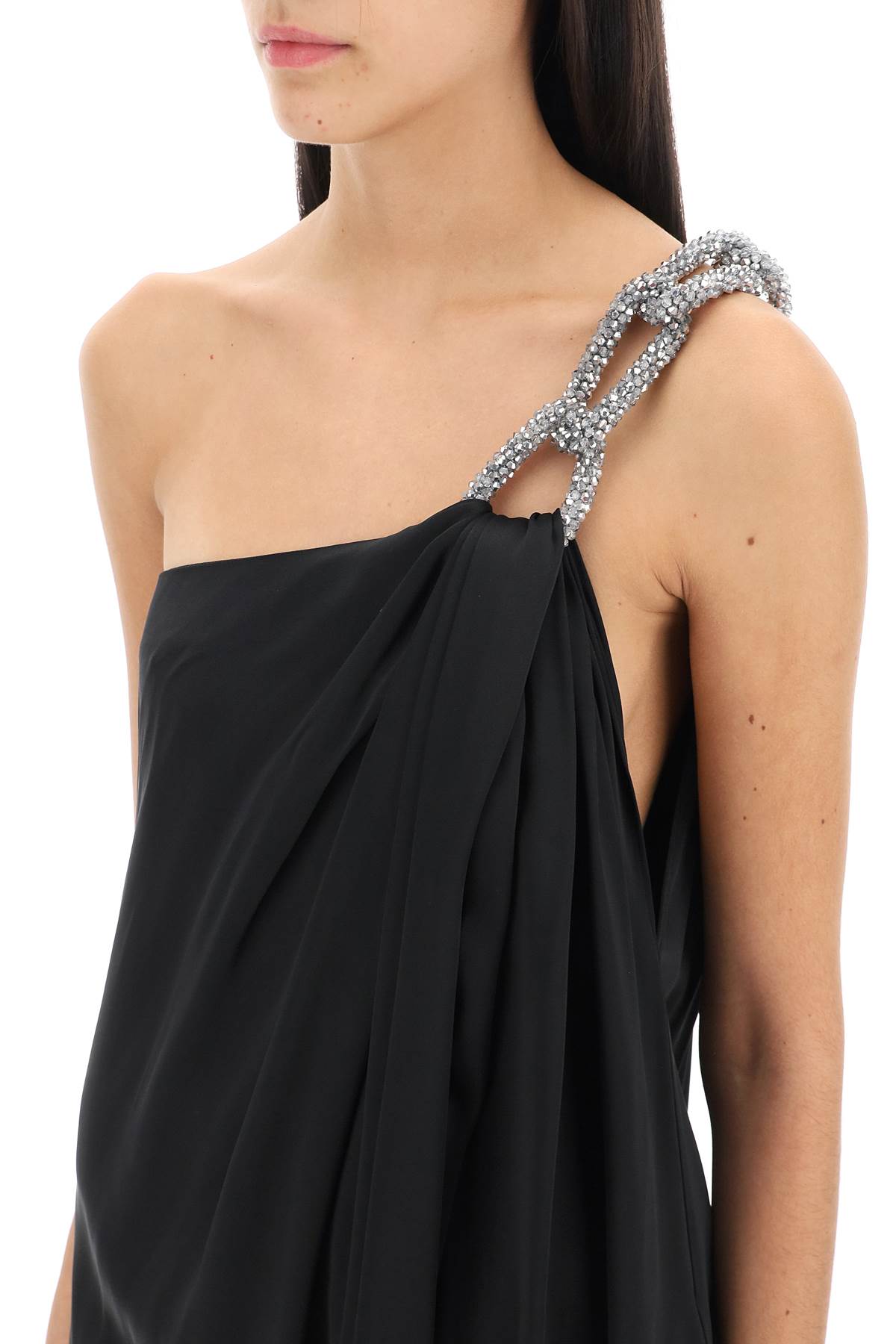 one-shoulder dress with falabella chain