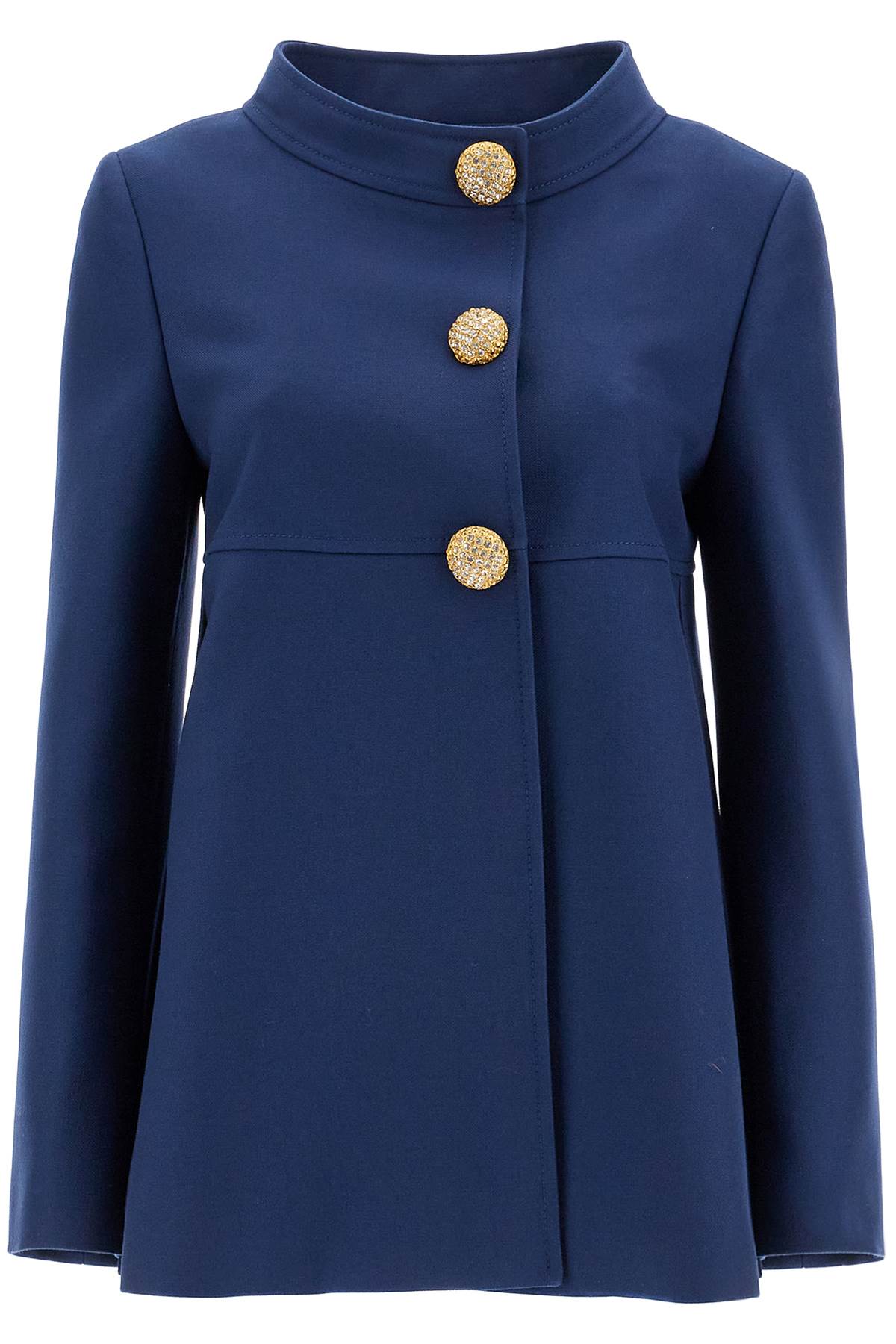 slim indigo silk jacket with golden buttons