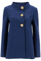 slim indigo silk jacket with golden buttons