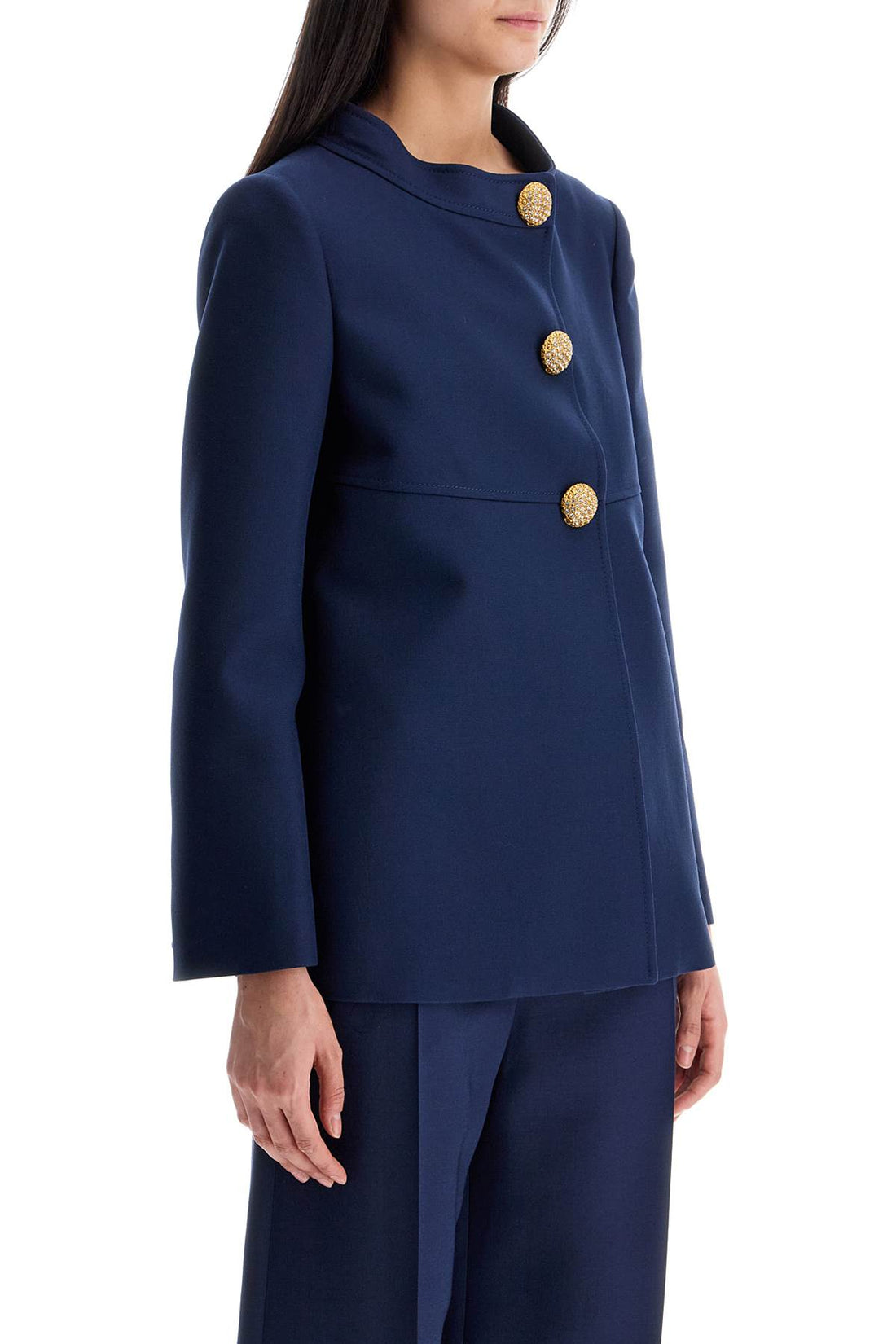 slim indigo silk jacket with golden buttons