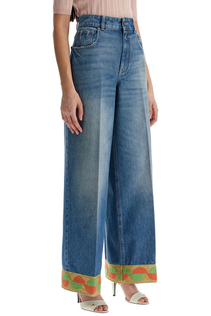 wide leg high waist jeans with colorful trim in medium blue