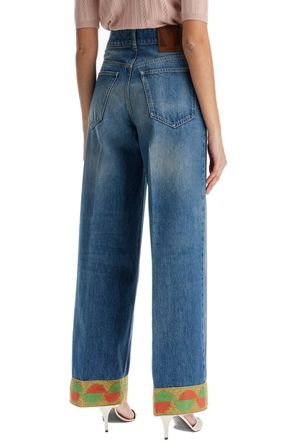 wide leg high waist jeans with colorful trim in medium blue