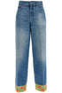 wide leg high waist jeans with colorful trim in medium blue