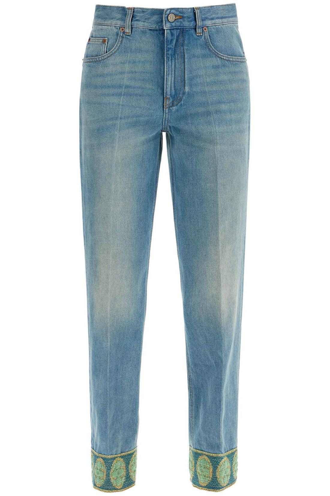 medium blue jeans with green embroidery, straight leg, high waist