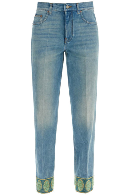 medium blue jeans with green embroidery, straight leg, high waist