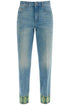 medium blue jeans with green embroidery, straight leg, high waist