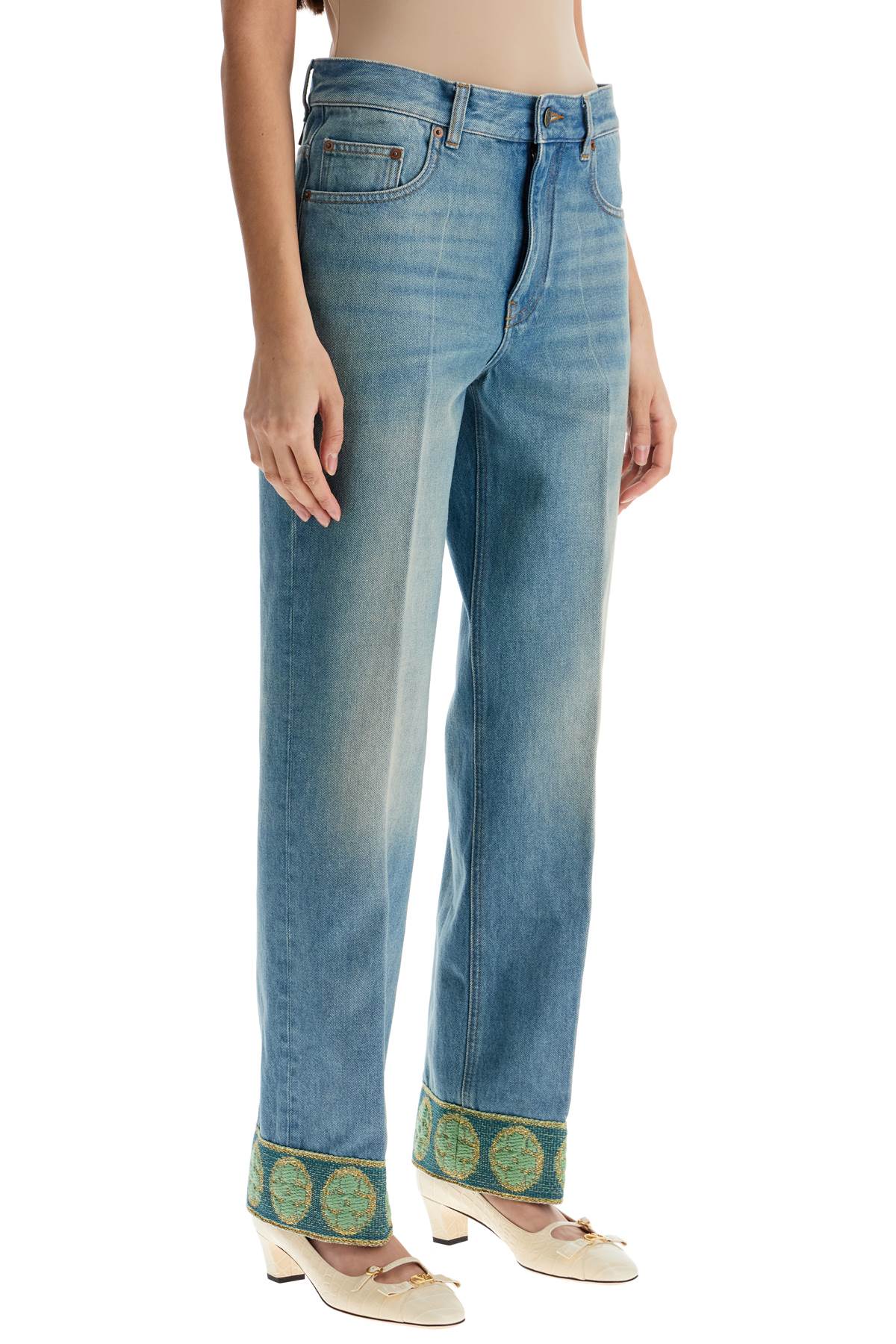 medium blue jeans with green embroidery, straight leg, high waist