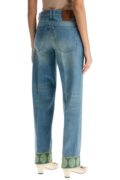 medium blue jeans with green embroidery, straight leg, high waist