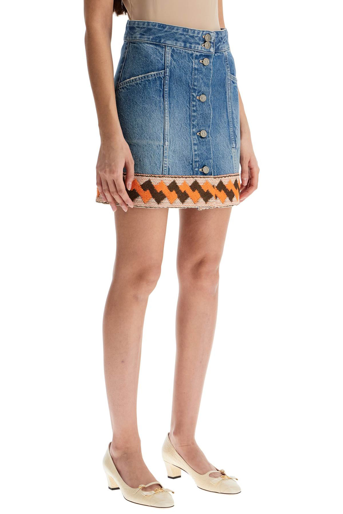 medium blue denim skirt with geometric trim