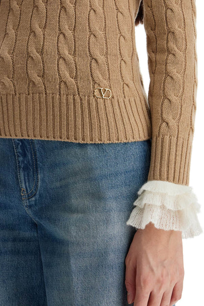 beige and ivory cable knit crew neck sweater