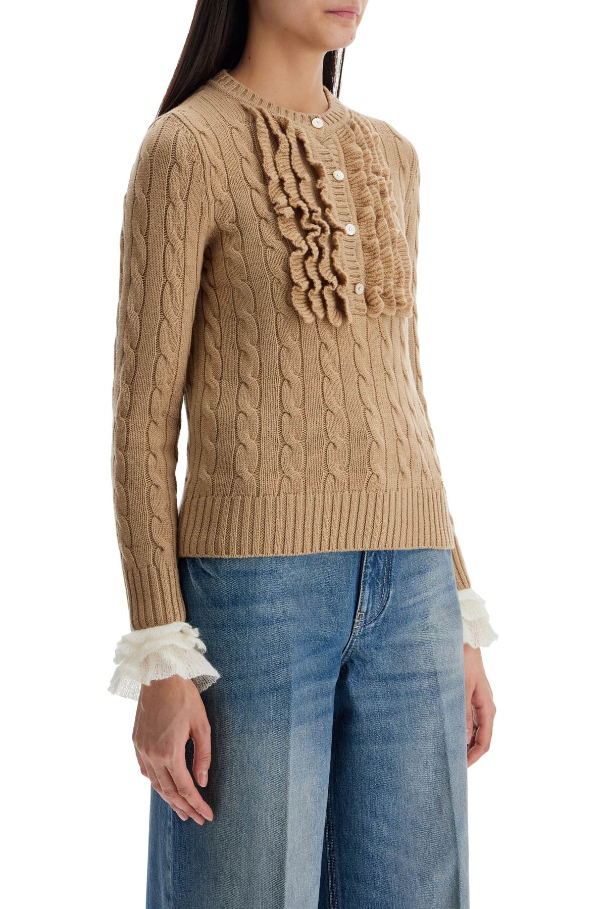 beige and ivory cable knit crew neck sweater