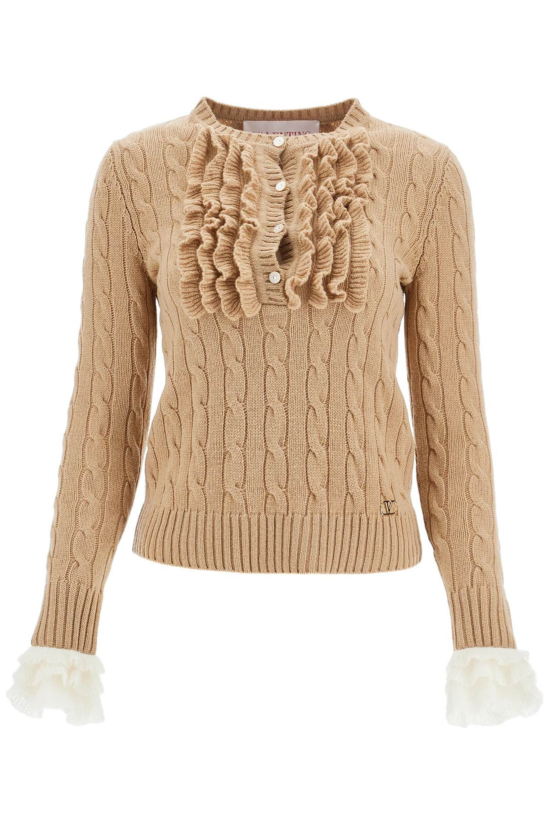 beige and ivory cable knit crew neck sweater