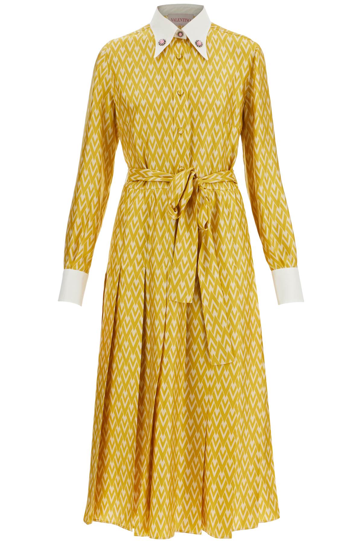 long yellow ochre silk dress with zig-zag pattern