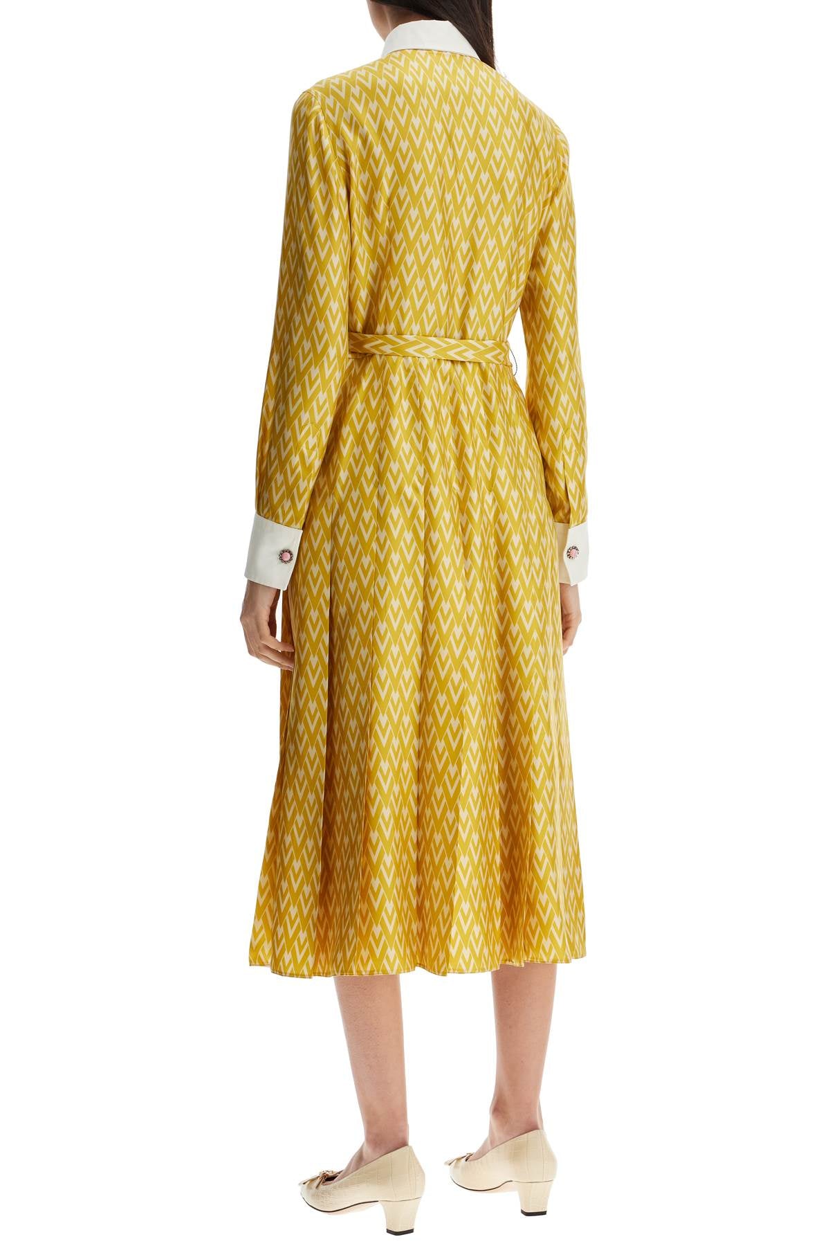 long yellow ochre silk dress with zig-zag pattern