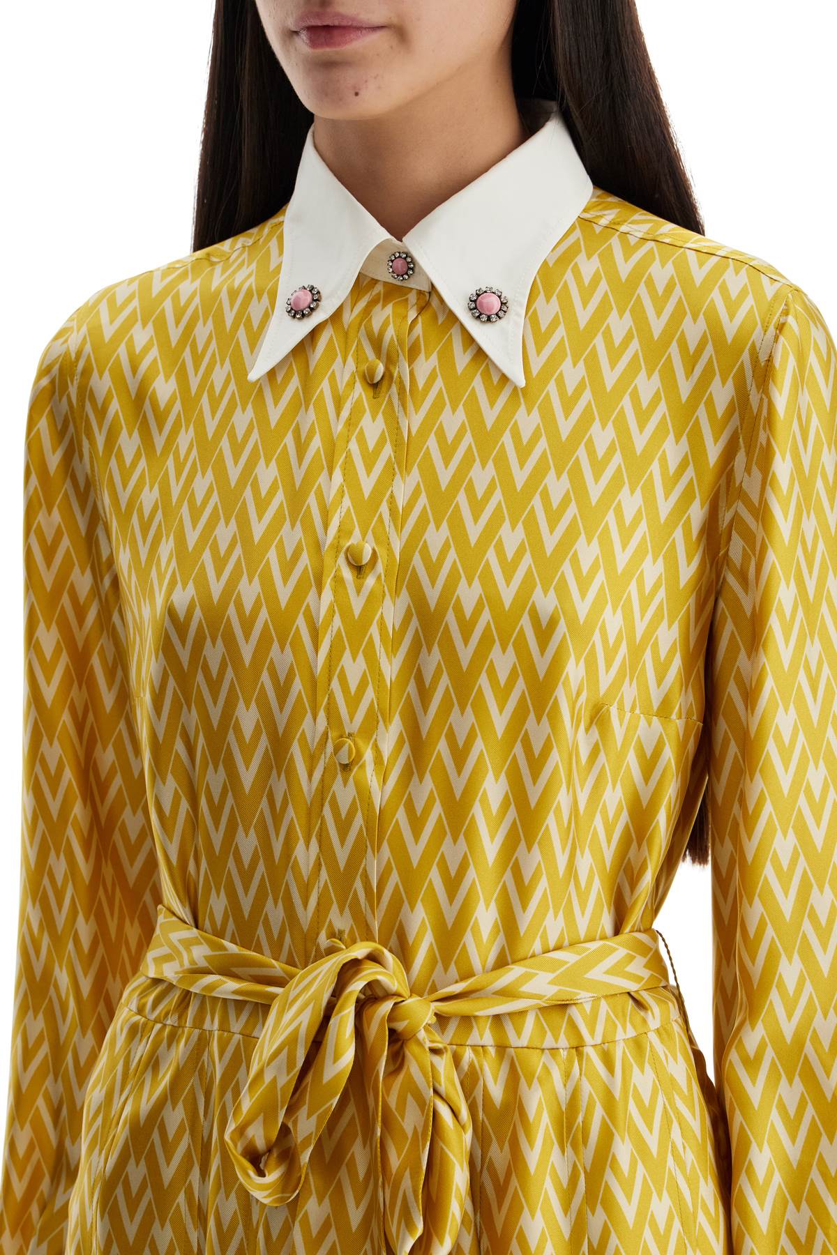 long yellow ochre silk dress with zig-zag pattern