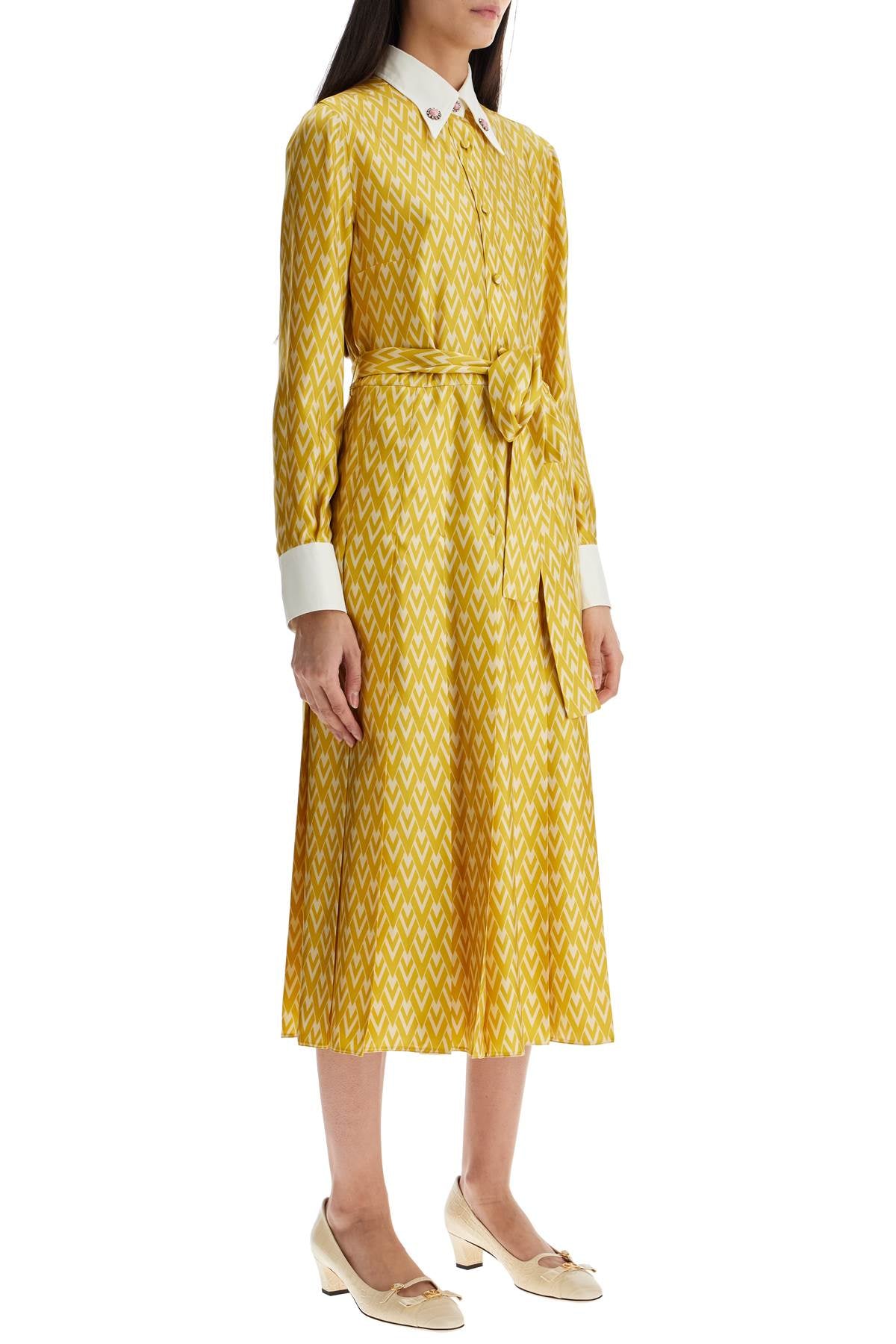 long yellow ochre silk dress with zig-zag pattern